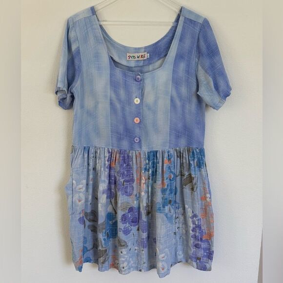 Jams World Tiered Blue Floral Mini Dress Short Sleeve Pockets Size Large - Picture 1 of 8